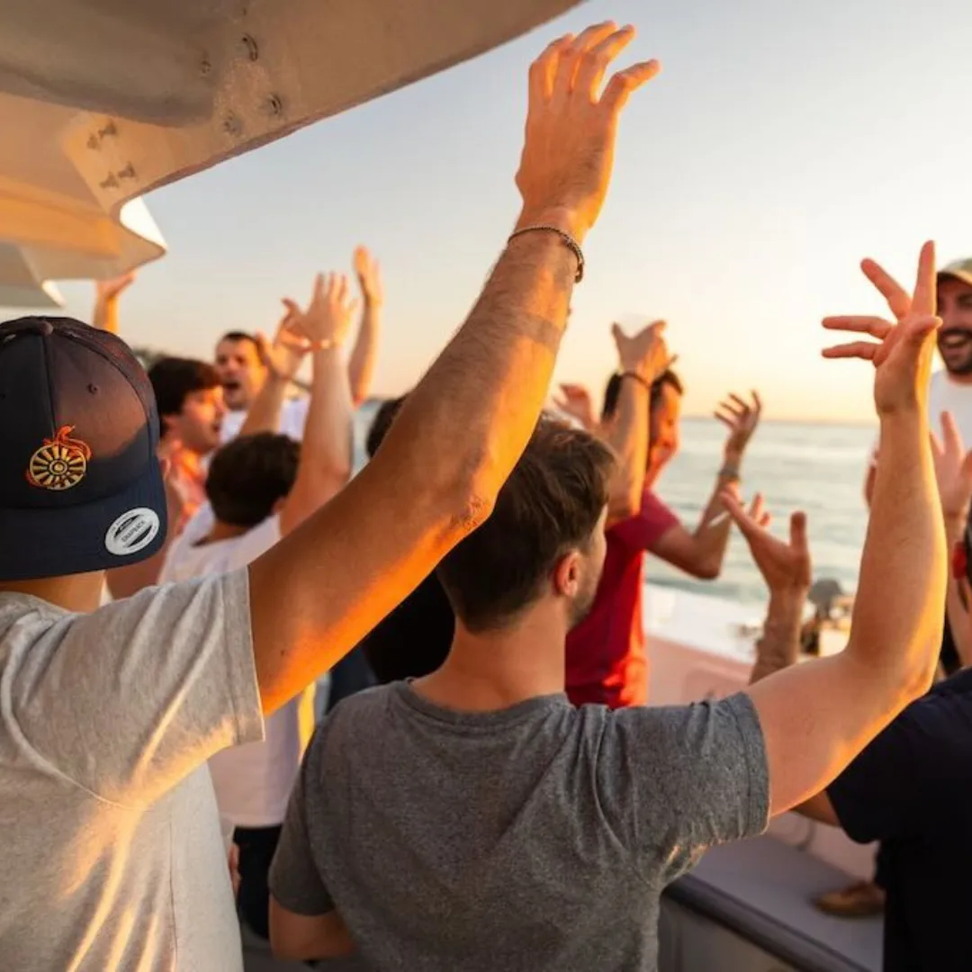 A group of friends on a boat outing in Lisbon